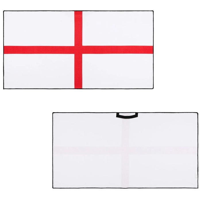 Two flags are displayed: one prominently shows a red cross on a white background while the other features a subtle white cross. Both flags have black borders.