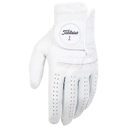 Titleist Mens PermaSoft Left Hand Golf Glove A white golf glove with perforations and a Velcro strap is displayed. The glove’s clean design suggests use in sporting activities, particularly golf. The brand Titleist is visible on the wrist area.