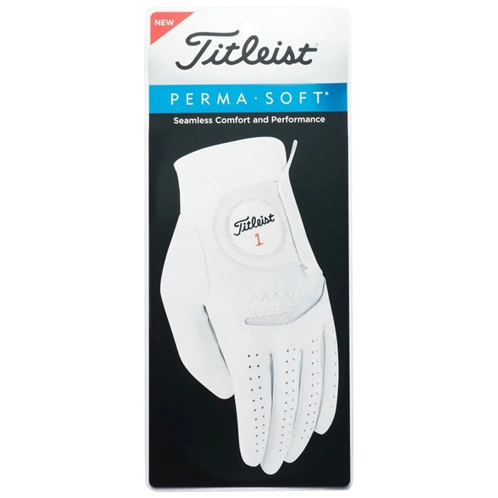 A white golf glove is displayed on a black background with graphics. The glove features a label indicating "Titleist PERMA-SOFT Seamless Comfort and Performance" and is designed for enhanced grip and comfort.