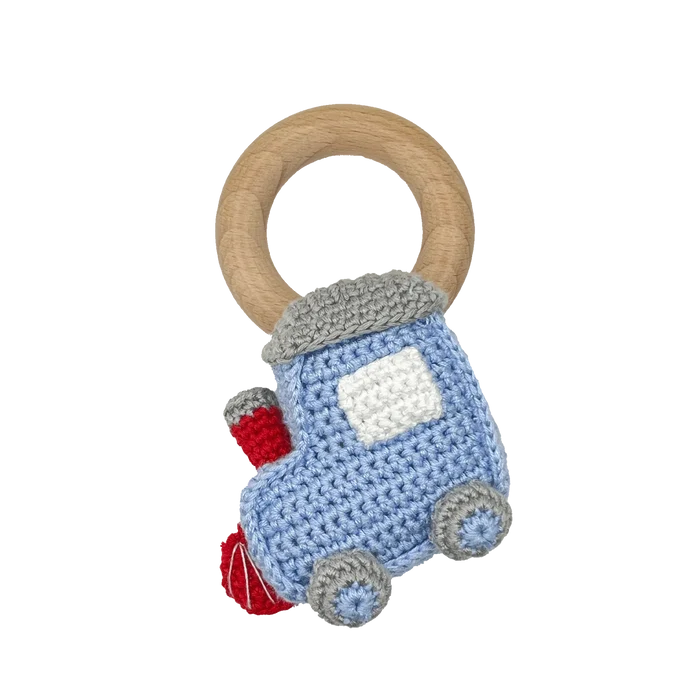 Train Bamboo Crochet Woodring Rattle