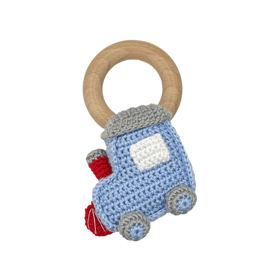 Train Bamboo Crochet Woodring Rattle