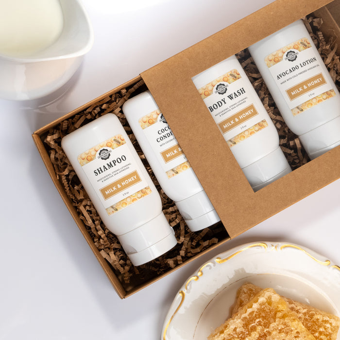 Rustic Strength, Milk & Honey scented Travel Kit, 2oz Plastic with Body Wash, Shampoo, Coconut Condition and Avocado Lotion