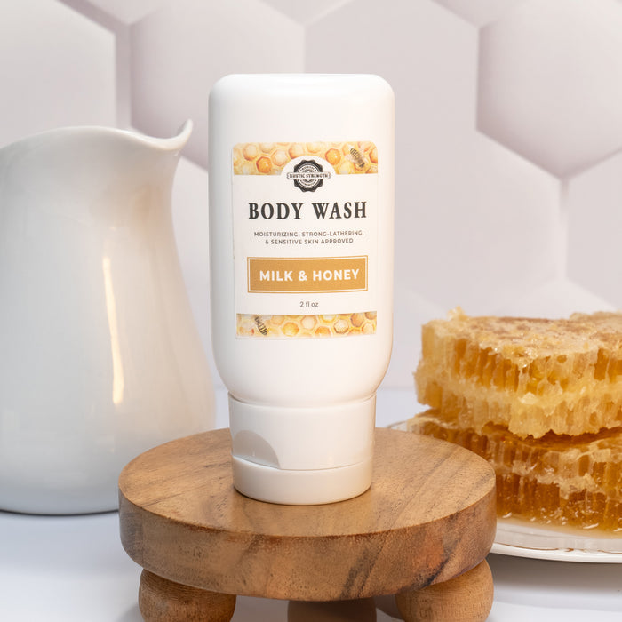 Rustic Strength, Body Wash, 2oz Plastic, Milk & Honey