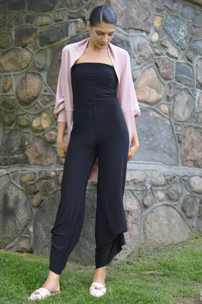 Diane Kroe black travel pants in soft jersey fabric with a modern fold-over design.