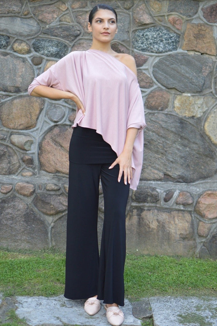 Diane Kroe black travel pants in soft jersey fabric with a modern fold-over design.