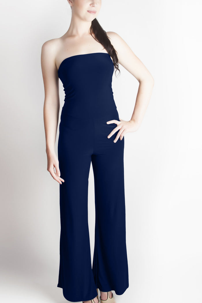 Diane Kroe navy travel pants in soft jersey fabric with a modern fold-over design.