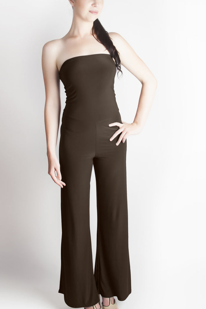 Diane Kroe espresso travel pants in soft jersey fabric with a modern fold-over design.
