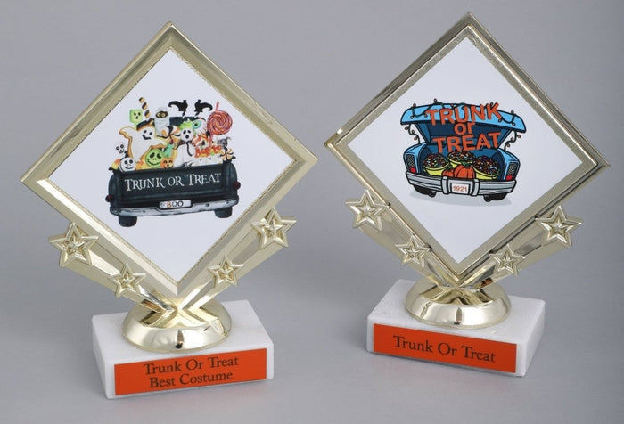 Two diamond-shaped trophies with 'Trunk Or Treat' text and illustrations related to Halloween costumes and treats.