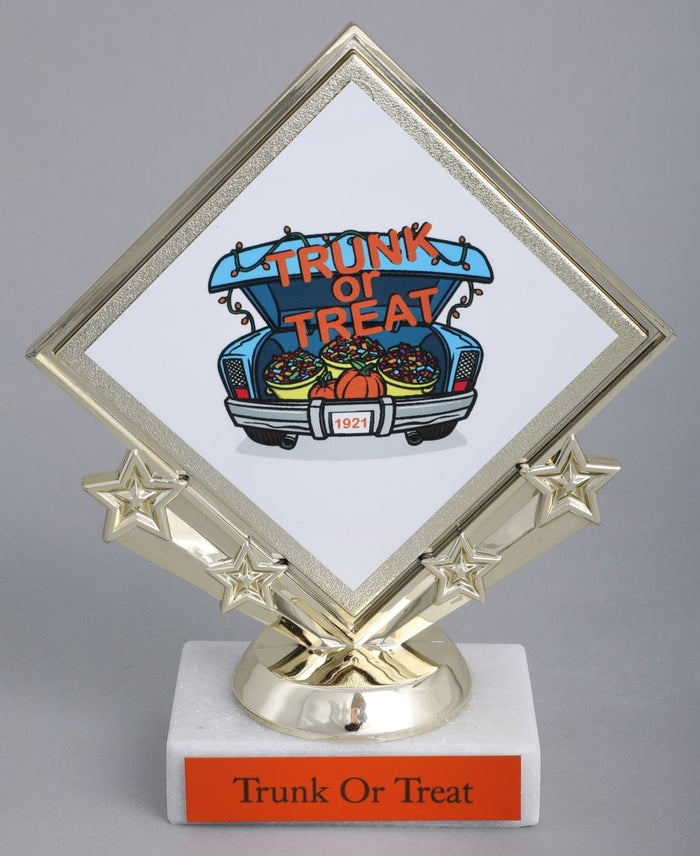 Trunk or Treat Diamond Logo on Star diamond holder and white marble base with orange engraving plate.