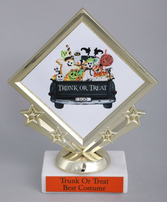 Trunk or Treat Diamond Logo on Star diamond holder and white marble base with orange engraving plate.