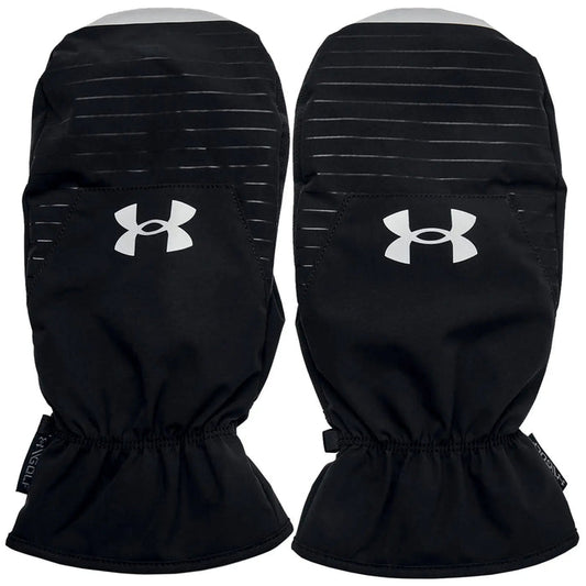 Black mittens designed for cold weather feature the Under Armour logo prominently. They are made from a sleek material with a gathered opening for a snug fit, suitable for outdoor activities.