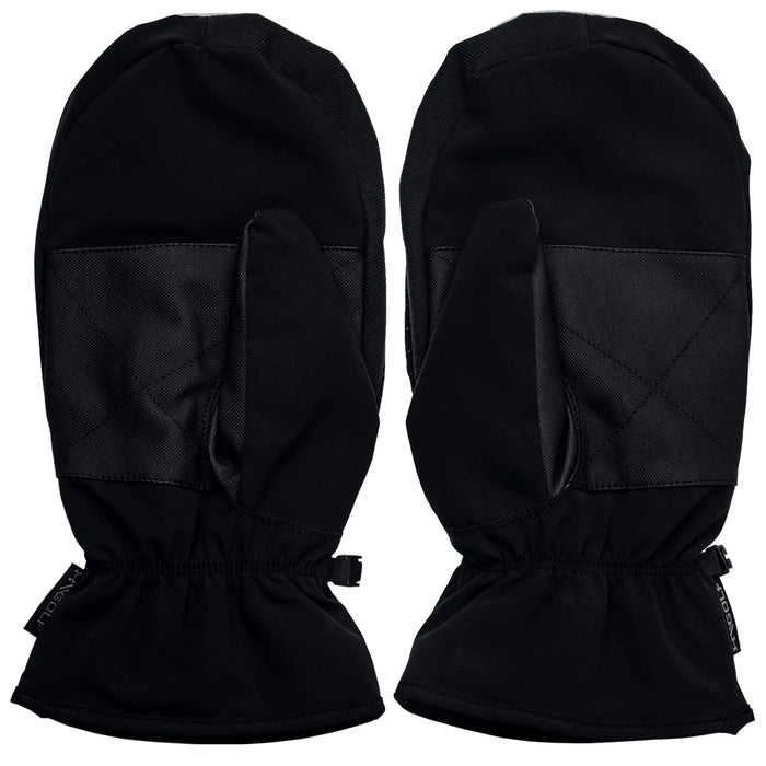 Two black mittens are positioned side by side showcasing a soft fabric exterior and a quilted panel on the palm area intended for warmth in cold environments.