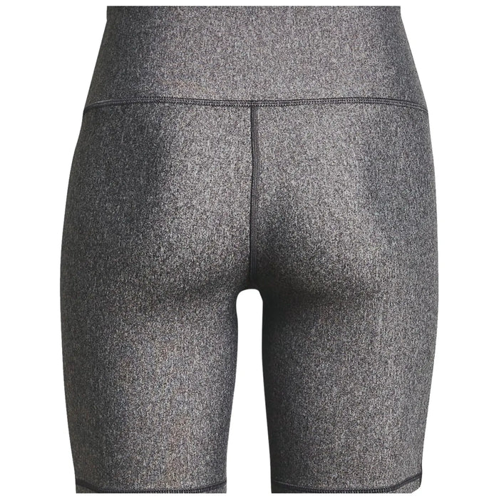 A pair of fitted, high-waisted athletic shorts with a textured gray fabric are displayed from the back showcasing their sleek design and stitching details against a plain background.