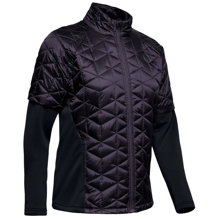 A black quilted jacket with short sleeves and a high collar hangs on display showcasing its smooth, shiny fabric and contrasting long-sleeve design suitable for cool weather activities.
