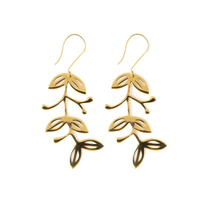 Vera Abstract Leaves Botanical Threader Earrings Brass Drop