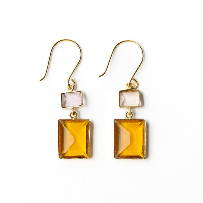Veronica Two Tone Color Cut Glass Dangle Earring Amber Drop