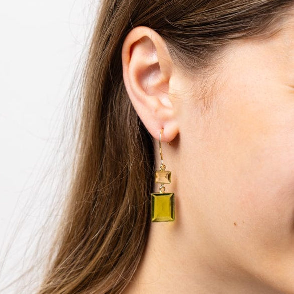 Veronica Two Tone Color Cut Glass Dangle Earring Green Drop