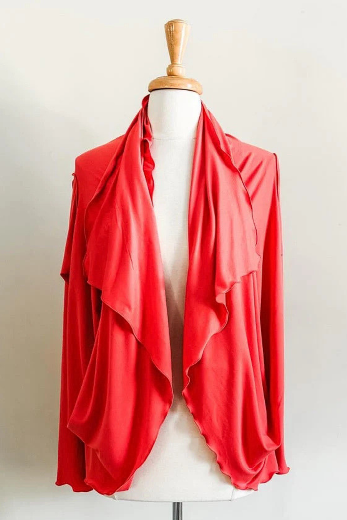 Diane Kroe Coral Versa Wrap in soft Brushed Venezia styled as short cardigan