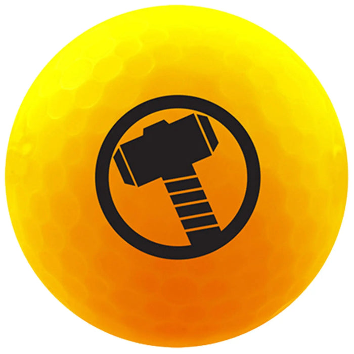 A bright yellow ball with a textured surface features a black icon of a hammer enclosed in a circle, suggesting use in a playful or athletic context.