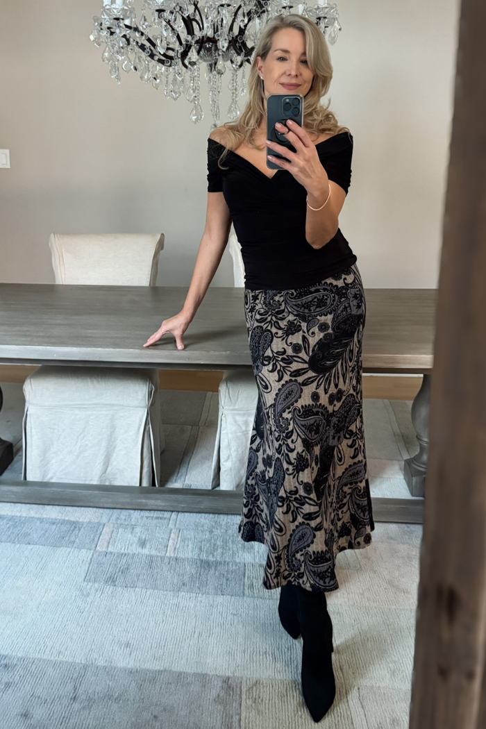Diane Kroe Wear-Ever dress in blue Spain print styled as skirt.