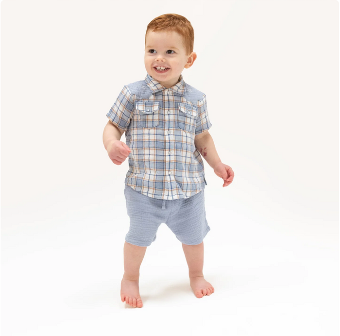 Western Plaid SS Pearl Snap Shirt & Shorts