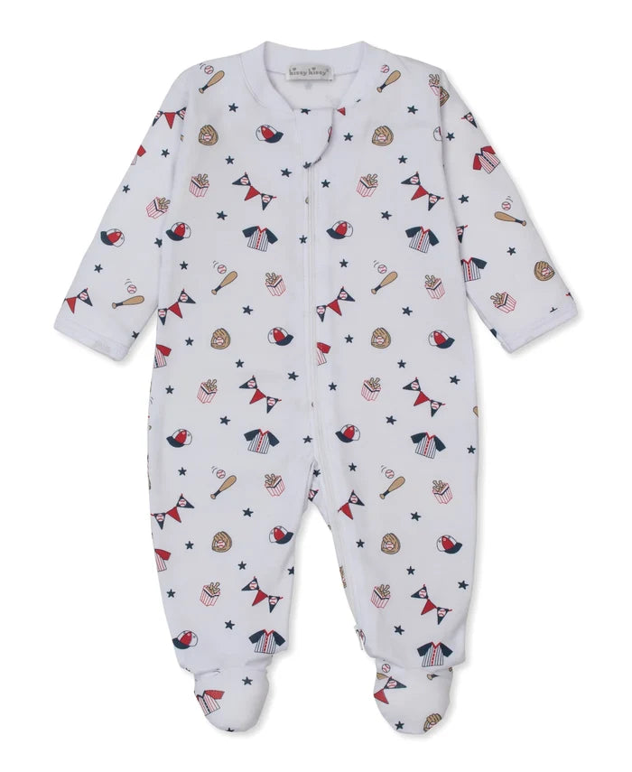 White Fly Ball Print Zip Footie