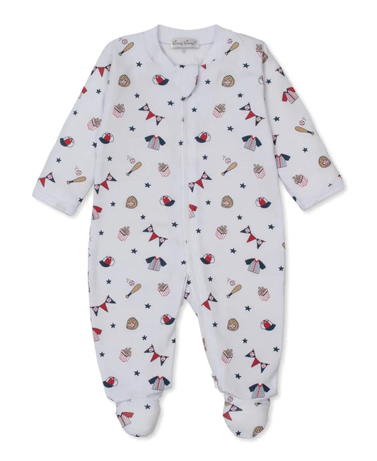 White Fly Ball Print Zip Footie