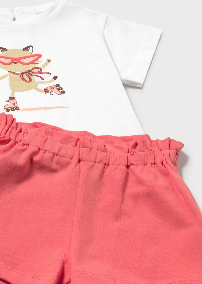 White Rollerskating Cat Tee & Flamingo Shorts
