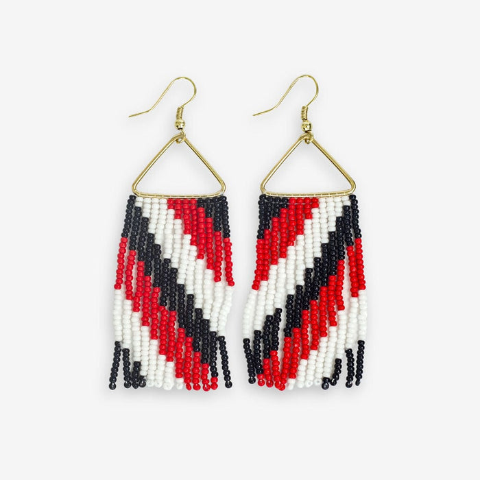 Whitney Game Day Diagonal Stripes Beaded Fringe Earrings Scarlet and Black