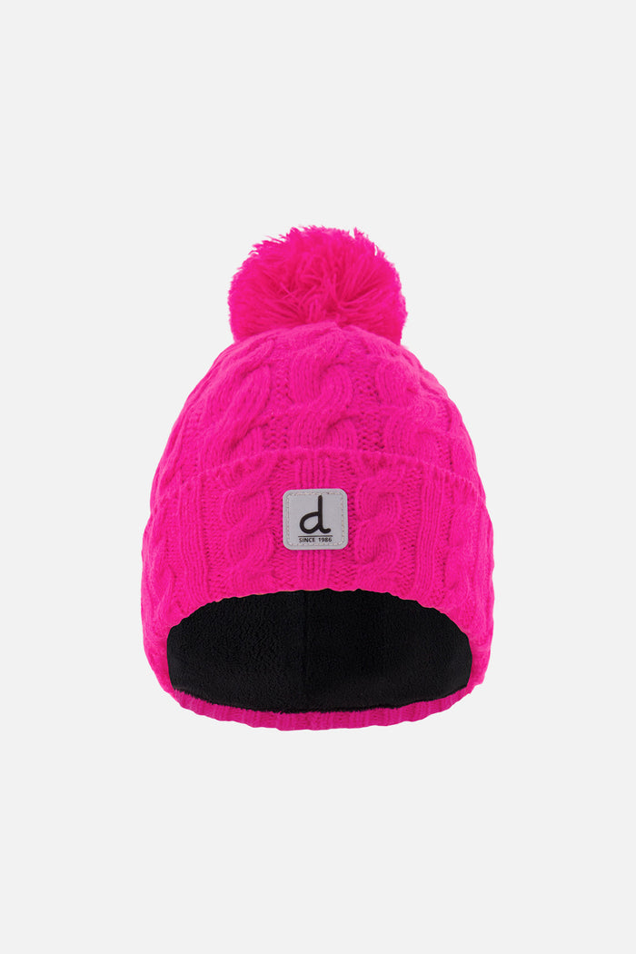 Deux par Deux kids' cable-knit pompom hat in bright pink – front view
