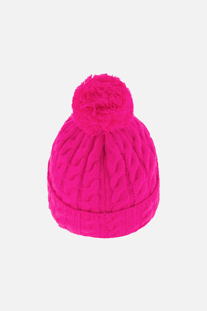 Deux par Deux kids' cable-knit pompom hat in bright pink – back view