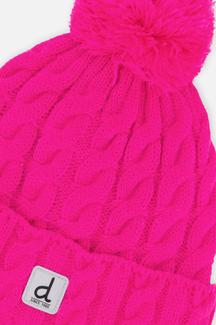 Deux par Deux kids' cable-knit pompom hat in bright pink – alternate view