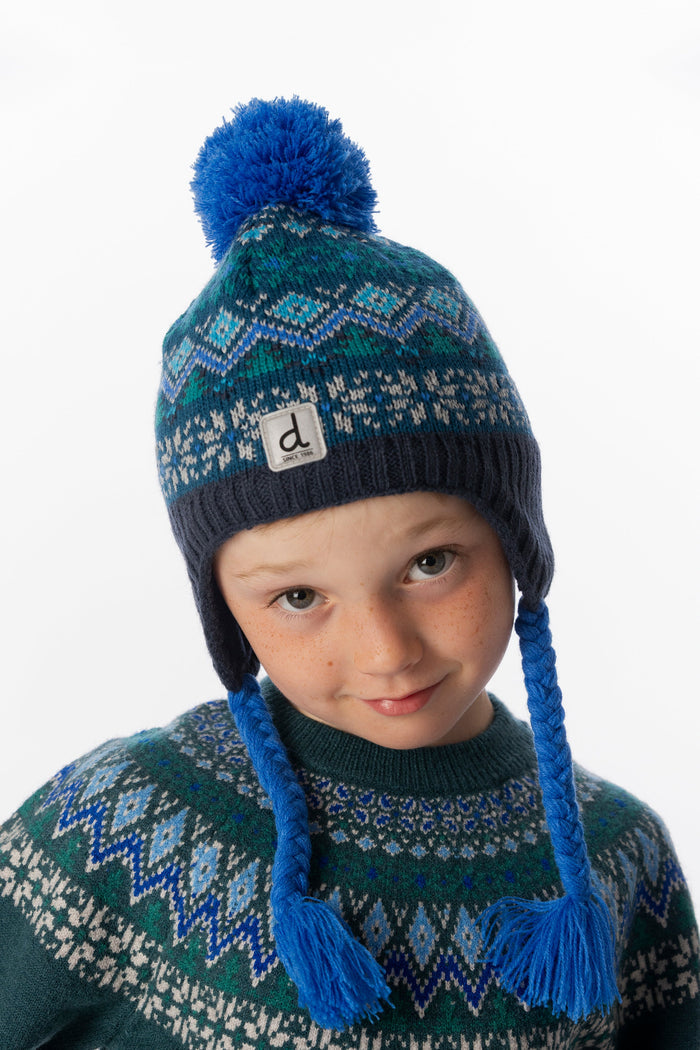 Deux par Deux kids' Peruvian Fair Isle knit hat in dark turquoise – worn by a child