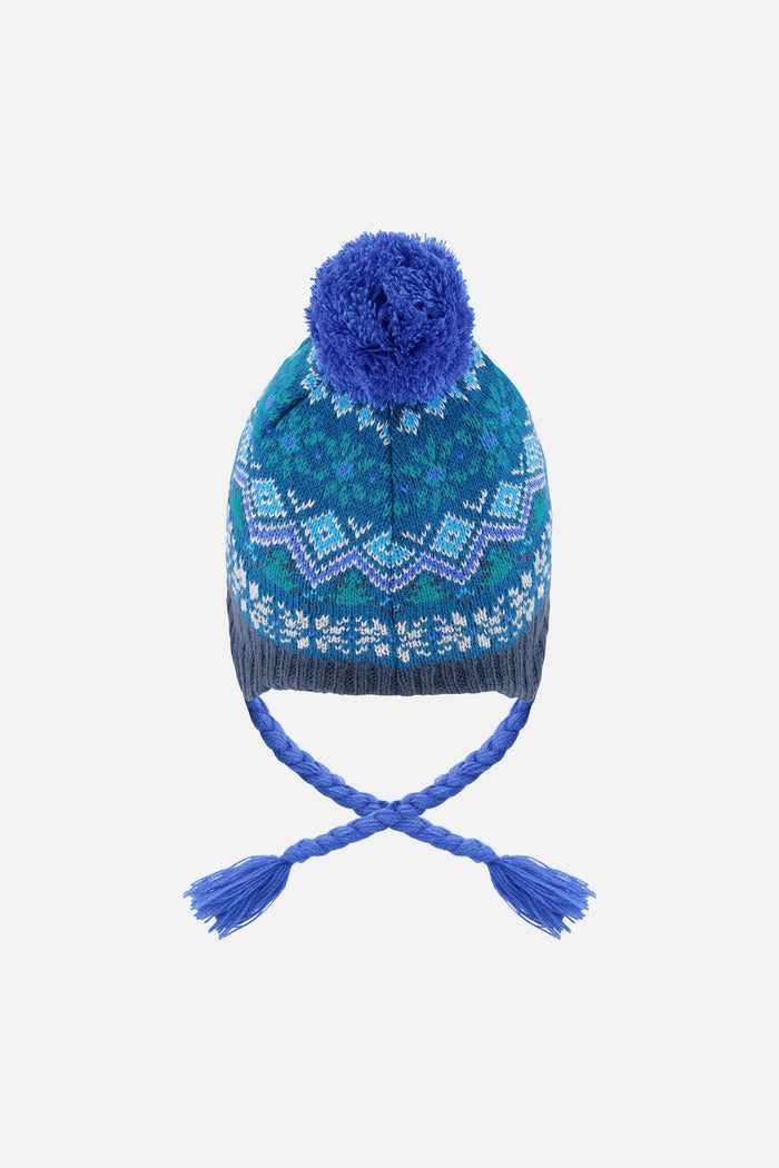 Deux par Deux kids' Peruvian Fair Isle knit hat in dark turquoise – back view