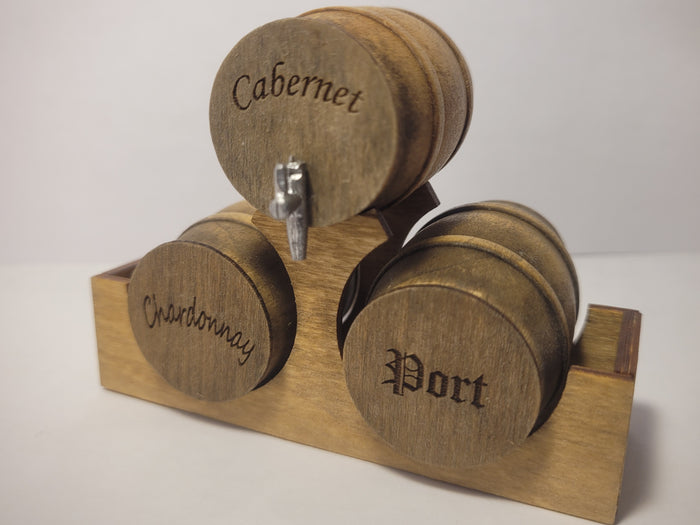 Wooden Barrel Display Stand - Medium - Cabernet, Chardonnay, and Port Wine Barrels on Wooden Holder