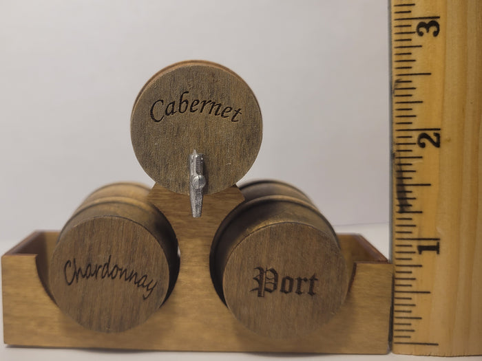 Wooden Barrel Display Stand - Medium - Cabernet, Chardonnay, and Port Wine Barrels on Wooden Holder