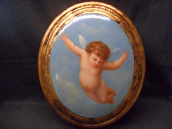 Wooden Oval Wall Plaque with Hand Painted Cherub-Jantiques LLC.