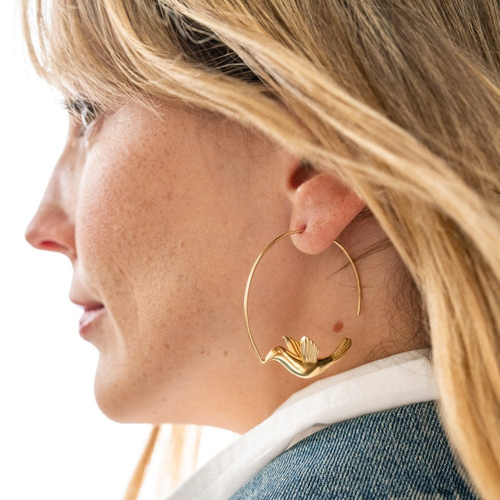 Wren Bird Hoop Earrings Brass Hoop