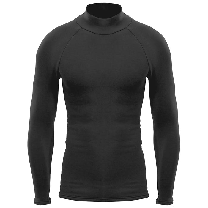 A black long-sleeve shirt with a mock neck is displayed, designed for close fit and warmth, typically used for sports or layering in cooler conditions.