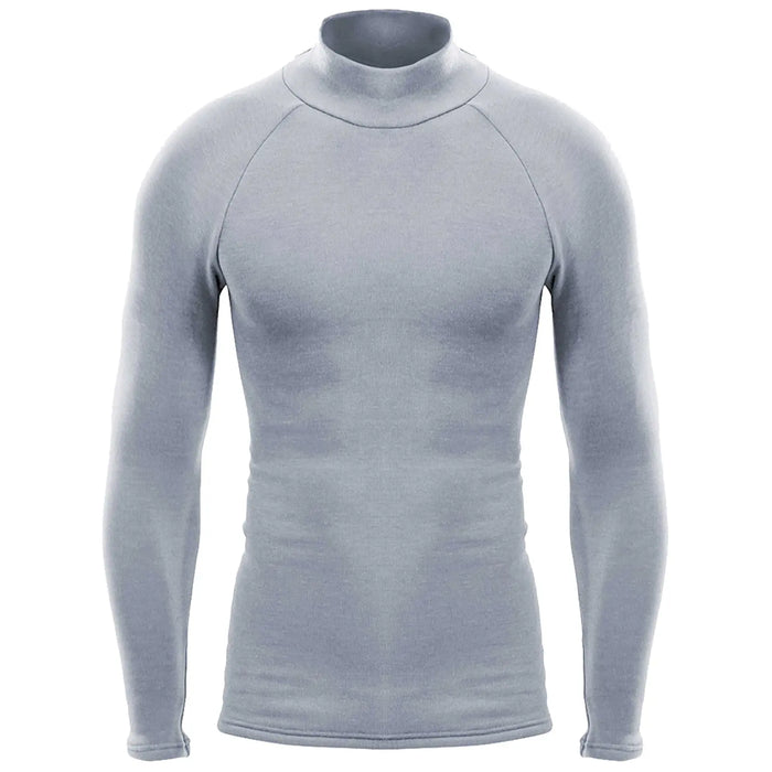 A light gray long-sleeved shirt features a mock neck design and fitted sleeves showcasing a smooth fabric texture and absence of patterns or logos presented against a plain white background.