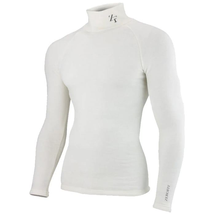 A white long-sleeve, high-neck shirt is displayed. It is form-fitting with a logo near the collar and stylish stitching. The shirt is showcased against a plain background.