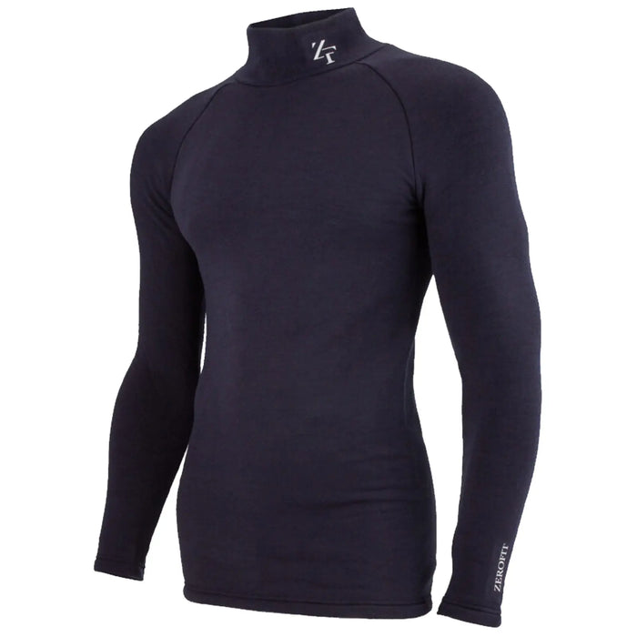 A black long-sleeve thermal shirt is displayed standing upright featuring a high neck and snug fit showcasing its sleek design intended for warmth and comfort during cold weather activities.